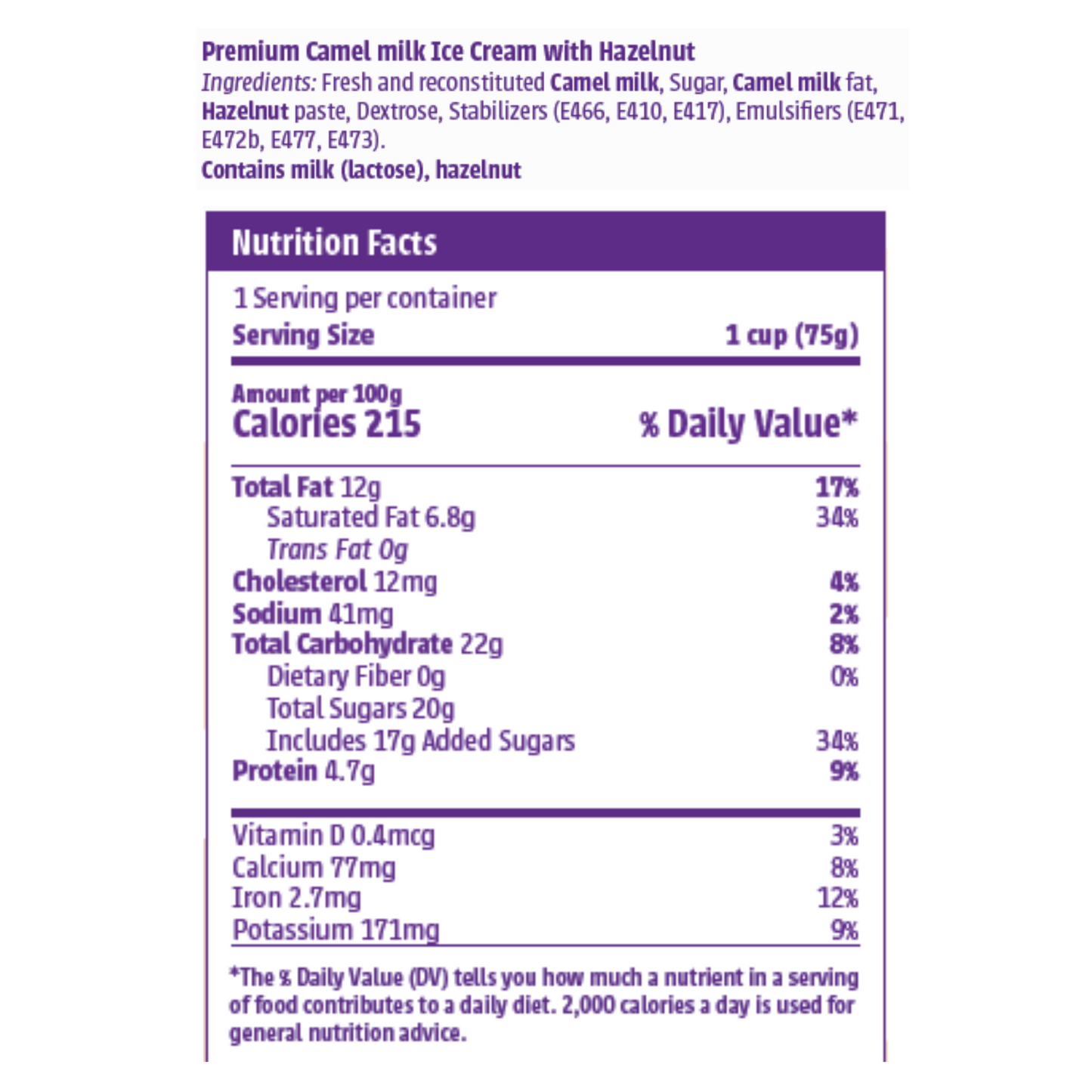 Nutrition facts and ingredients label for Camelicious Hazelnut Camel Milk Ice Cream showing calorie, fat, and protein information.