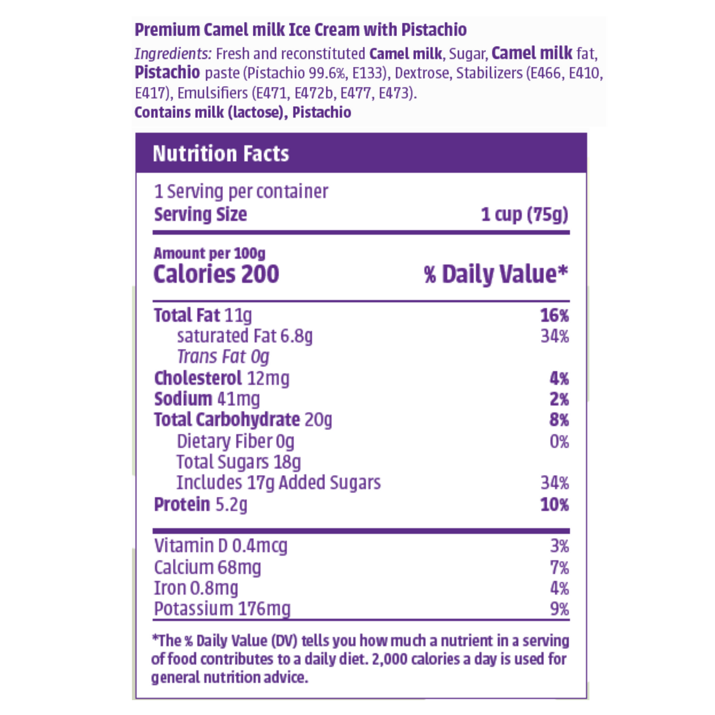 Nutrition facts label for Camelicious Pistachio Camel Milk Ice Cream showing ingredients and nutritional values per 100g and per serving.