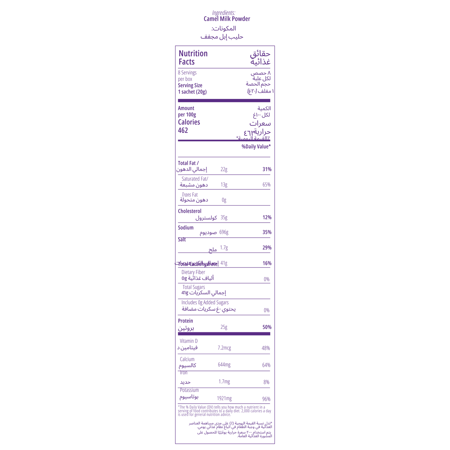Nutrition facts label for Camelicious Whole Camel Milk Powder showing calories, fat, protein, vitamins, and minerals per 100g and 20g serving size.