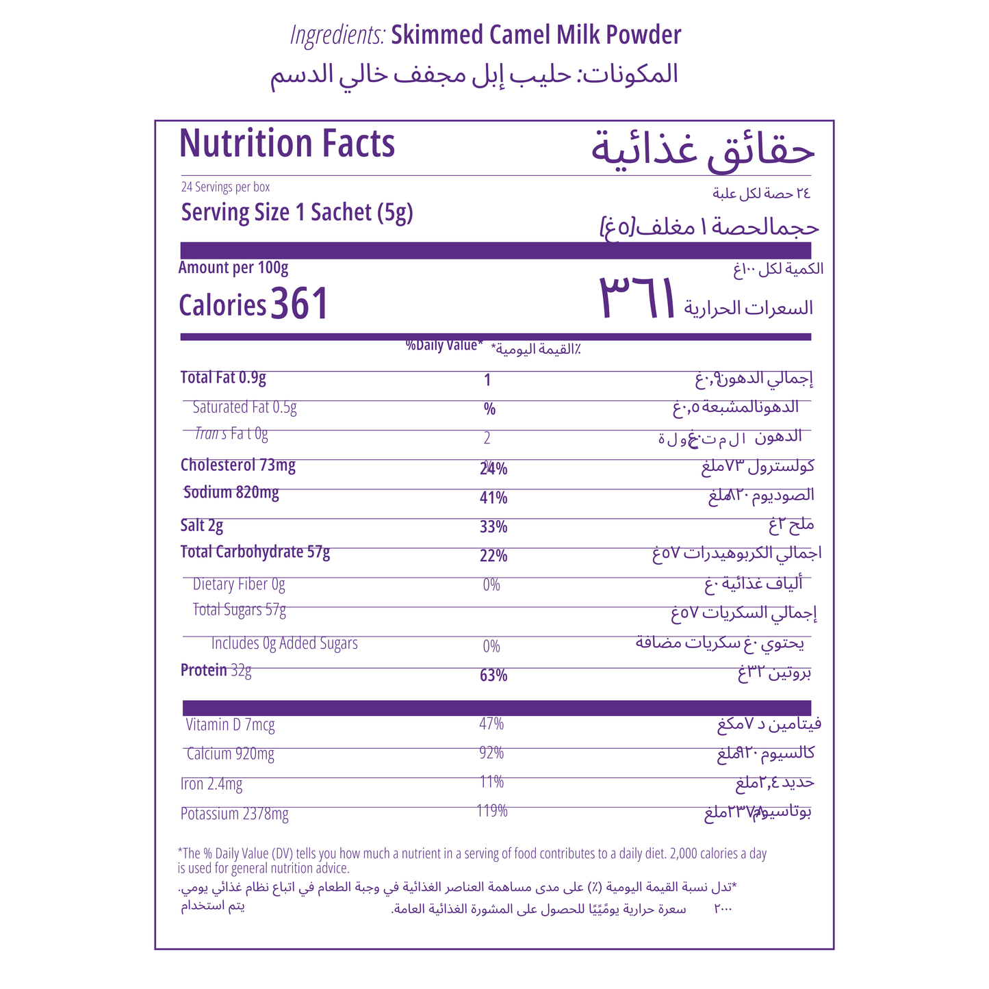 Camelicious Skimmed Camel Milk Powder nutrition facts label in English and Arabic. Each 5g sachet provides 361 calories per 100g. Contains 0.9g total fat, 73mg cholesterol, 820mg sodium, 57g carbohydrates, and 32g protein. Rich in Vitamin D, calcium, iron, and potassium. Ingredients: Skimmed camel milk powder