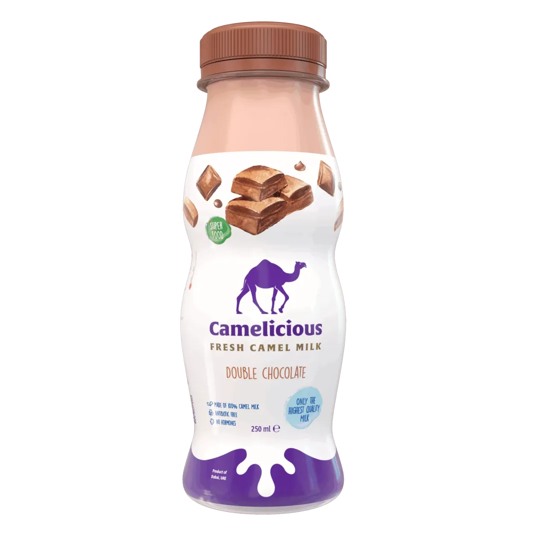 Camelicious Fresh Camel Milk Double Chocolate 250ml bottle featuring rich chocolate imagery and purple branding, labeled as made from 100% camel milk.