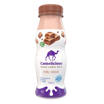 Camelicious Fresh Camel Milk Double Chocolate 250ml bottle featuring rich chocolate imagery and purple branding, labeled as made from 100% camel milk.