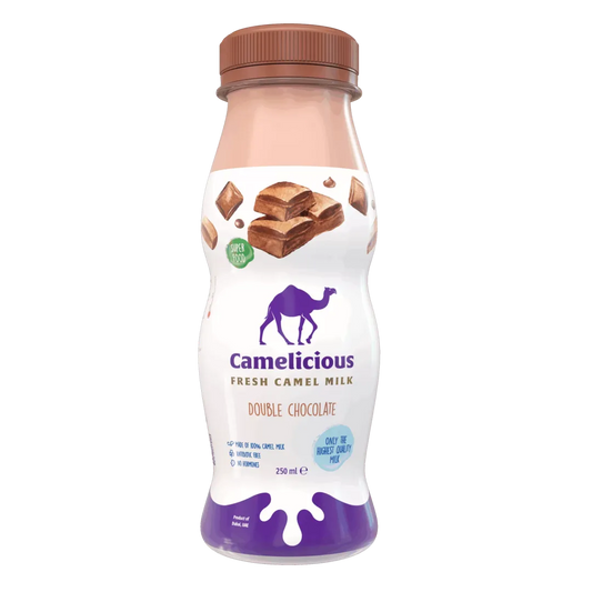 Camelicious Fresh Camel Milk Double Chocolate 250ml bottle featuring rich chocolate imagery and purple branding, labeled as made from 100% camel milk.