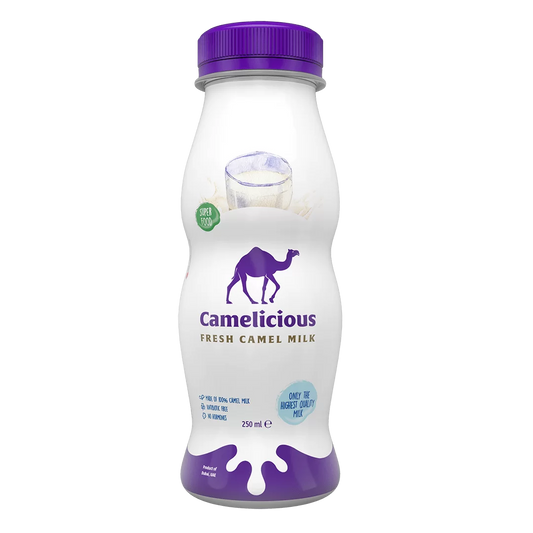 Camelicious Fresh Camel Milk 250ml bottle with purple cap and camel logo, featuring a clean white design and labeled “Only the Highest Quality Milk” and “100% Camel Milk".