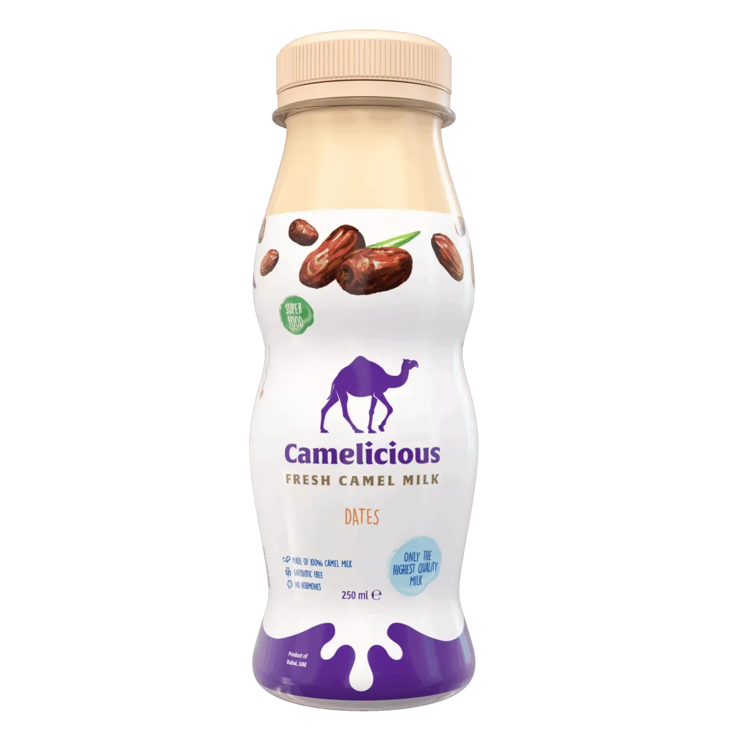 Camelicious Fresh Camel Milk Dates 250ml bottle with beige cap, featuring dates illustration, labeled “Superfood” and “Only the highest quality milk,” made from 100% pure camel milk.