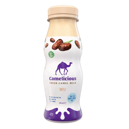 Camelicious Fresh Camel Milk Dates 250ml bottle with beige cap, featuring dates illustration, labeled “Superfood” and “Only the highest quality milk,” made from 100% pure camel milk.