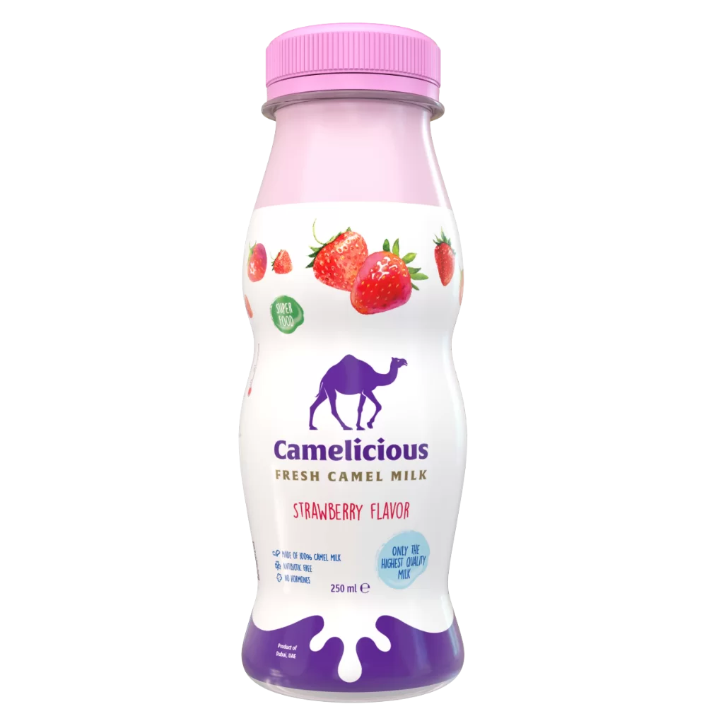 Camelicious Fresh Camel Milk Strawberry Flavor 250ml bottle with a pink cap and strawberry graphics, labeled “Super Food,” “Made from 100% camel milk,” and “Only the highest quality milk.”