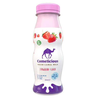 Camelicious Fresh Camel Milk Strawberry Flavor 250ml bottle with a pink cap and strawberry graphics, labeled “Super Food,” “Made from 100% camel milk,” and “Only the highest quality milk.”