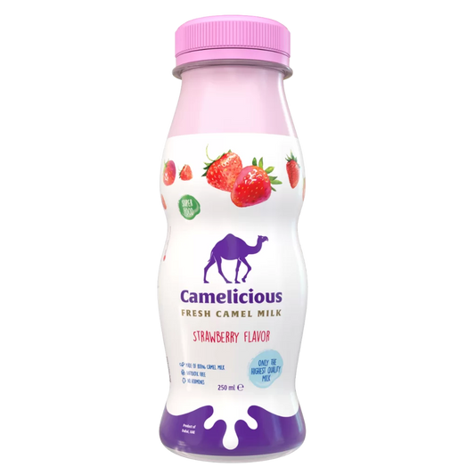 Camelicious Fresh Camel Milk Strawberry Flavor 250ml bottle with a pink cap and strawberry graphics, labeled “Super Food,” “Made from 100% camel milk,” and “Only the highest quality milk.”