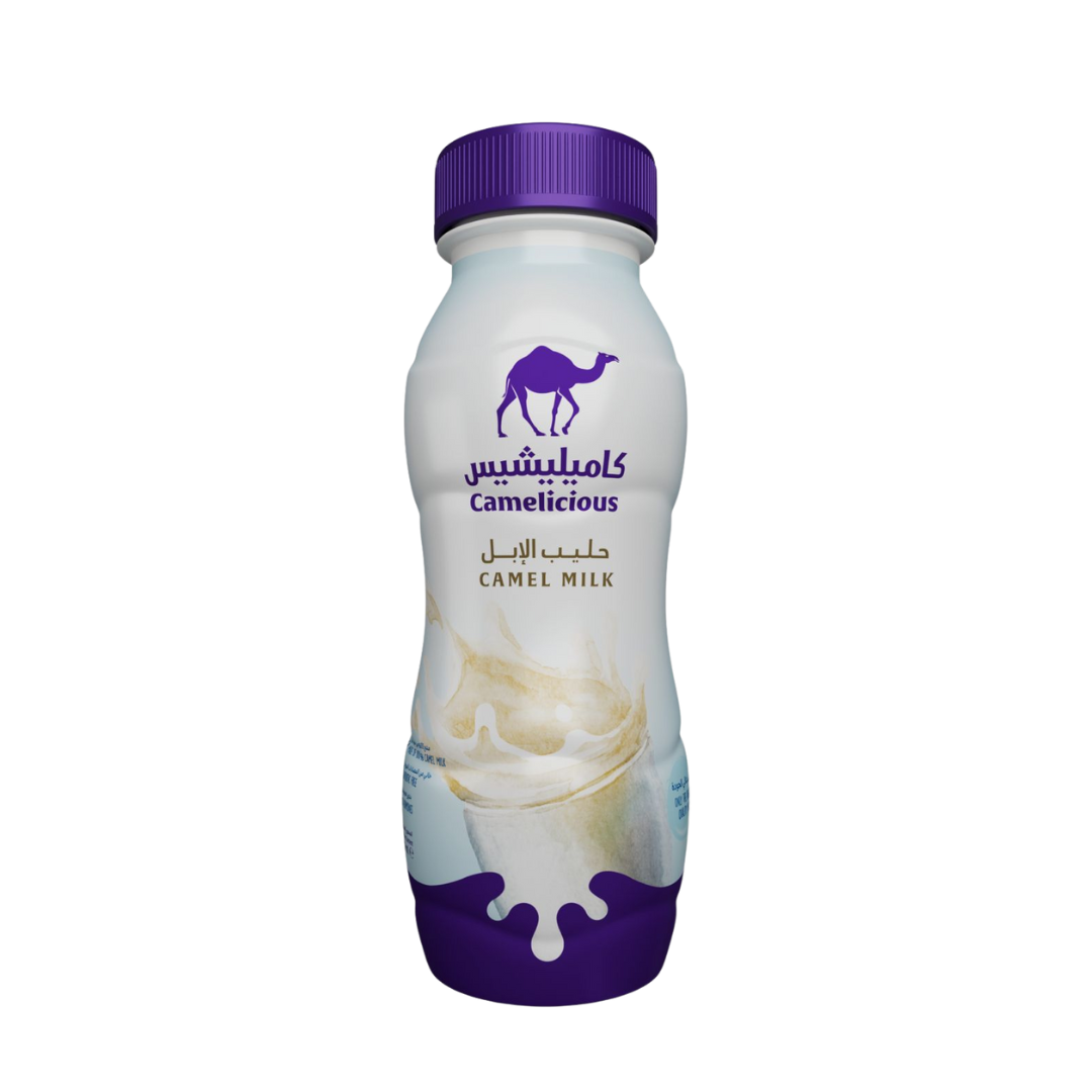 Camelicious long life camel milk 210ml cylindrical bottle with white packaging and branding