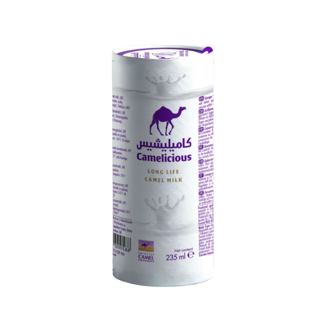 Camelicious long life camel milk 235ml cylindrical bottle with white packaging and purple branding