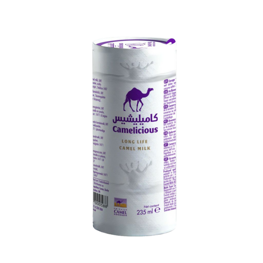 Camelicious long life camel milk 235ml cylindrical bottle with white packaging and purple branding