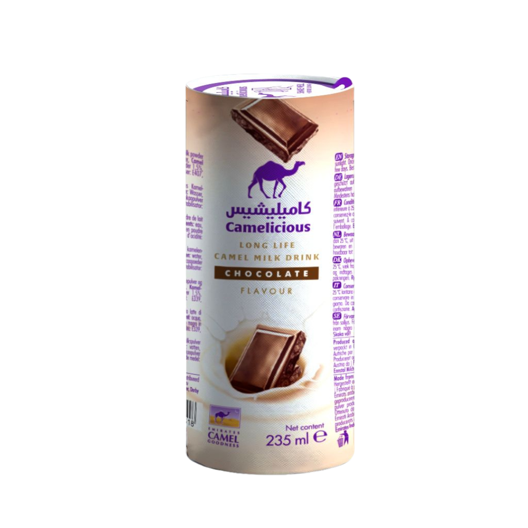 Camelicious long life chocolate camel milk 235ml cylindrical bottle with white packaging and brown branding