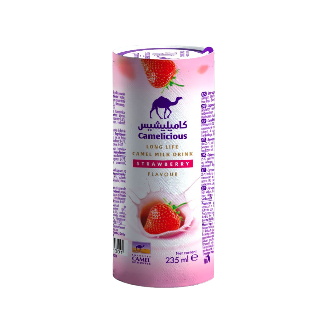 Camelicious long life strawberry camel milk 235ml cylindrical bottle with white packaging and pink branding