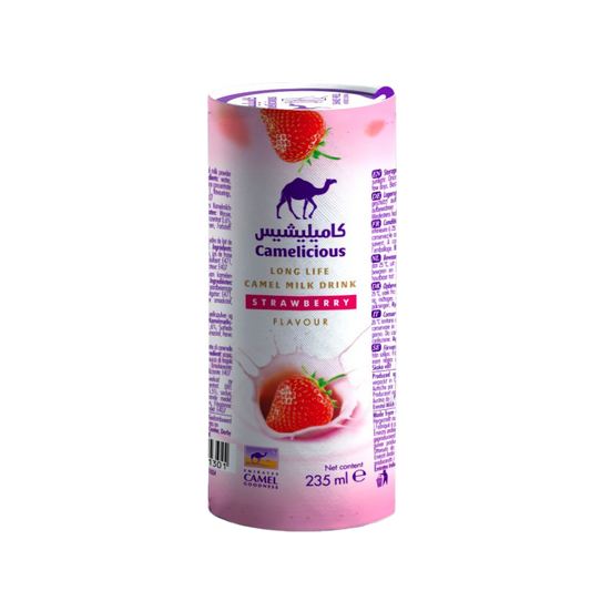 Camelicious long life strawberry camel milk 235ml cylindrical bottle with white packaging and pink branding