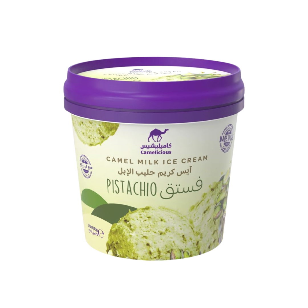 Camelicious Camel Milk Ice Cream Pistachio flavor 125ml tub featuring a scoop of pistachio ice cream with pistachio nuts on the label.