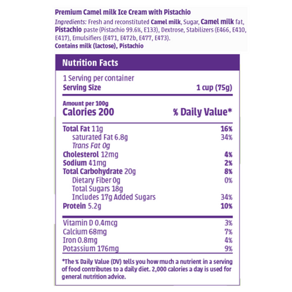 Nutrition facts and ingredients label for Camelicious Pistachio Camel Milk Ice Cream showing 200 calories per 100g, 11g fat, 20g carbohydrates, and 5.2g protein per serving.
