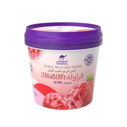Camelicious Camel Milk Ice Cream cup in Natural Strawberry flavor, 125ml tub with strawberries and ice cream scoop on the label.