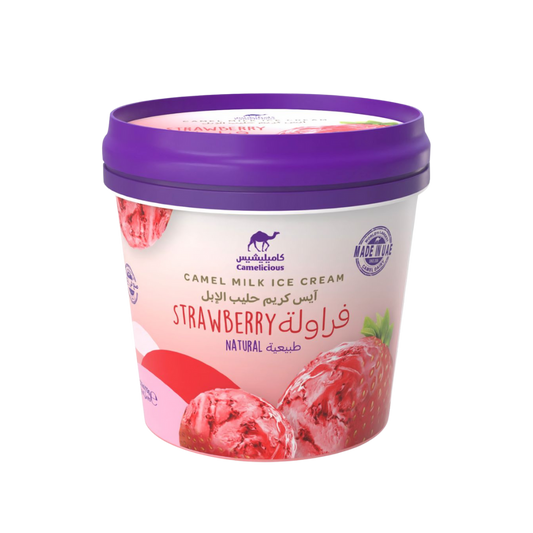 Camelicious Camel Milk Ice Cream cup in Natural Strawberry flavor, 125ml tub with strawberries and ice cream scoop on the label.
