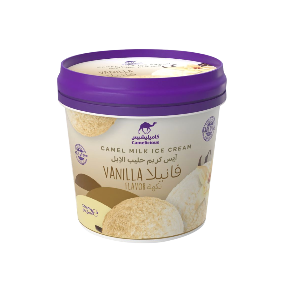 Camelicious Vanilla Camel Milk Ice Cream 125ml tub with vanilla scoops and pod design on the label.