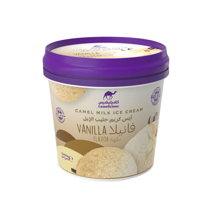 Camelicious Vanilla Camel Milk Ice Cream 125ml tub with vanilla scoops and pod design on the label.