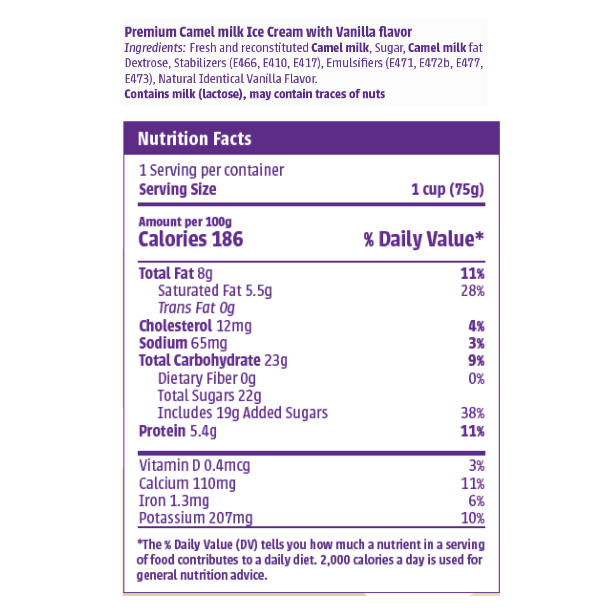 Nutrition facts label for Camelicious Vanilla Camel Milk Ice Cream showing calories, fat, sugar, and ingredient details.