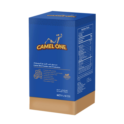 Camel One Camel Milk Powder with Probiotics 300g box in blue packaging, highlighting benefits such as probiotics for gut health, gluten-free, antibiotic-free, preservative-free, added prebiotic fiber, and no added sugar.