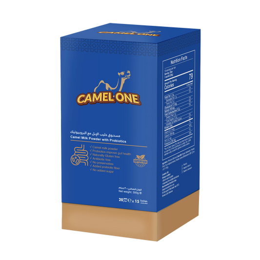 Camel One Camel Milk Powder with Probiotics 300g box in blue packaging, highlighting benefits such as probiotics for gut health, gluten-free, antibiotic-free, preservative-free, added prebiotic fiber, and no added sugar.