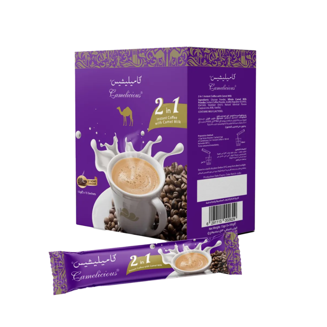 Camelicious 2 in 1 Instant Coffee with Camel Milk packaging, showing a steaming cup of coffee surrounded by coffee beans and splashes of milk, with 'For Export Only' label and purple design.