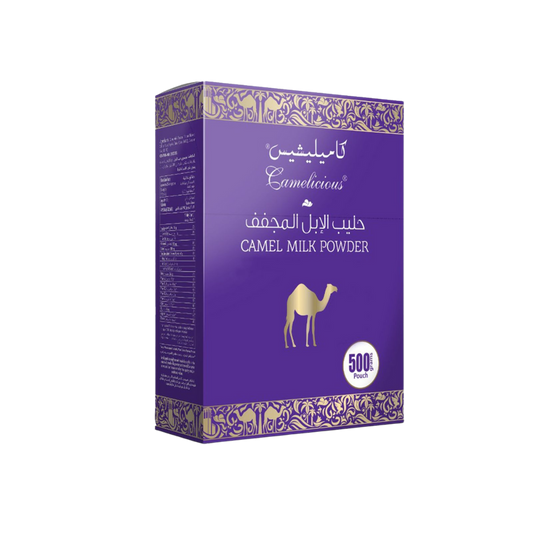Camelicious camel milk powder 500g box packaging in purple with camel illustration