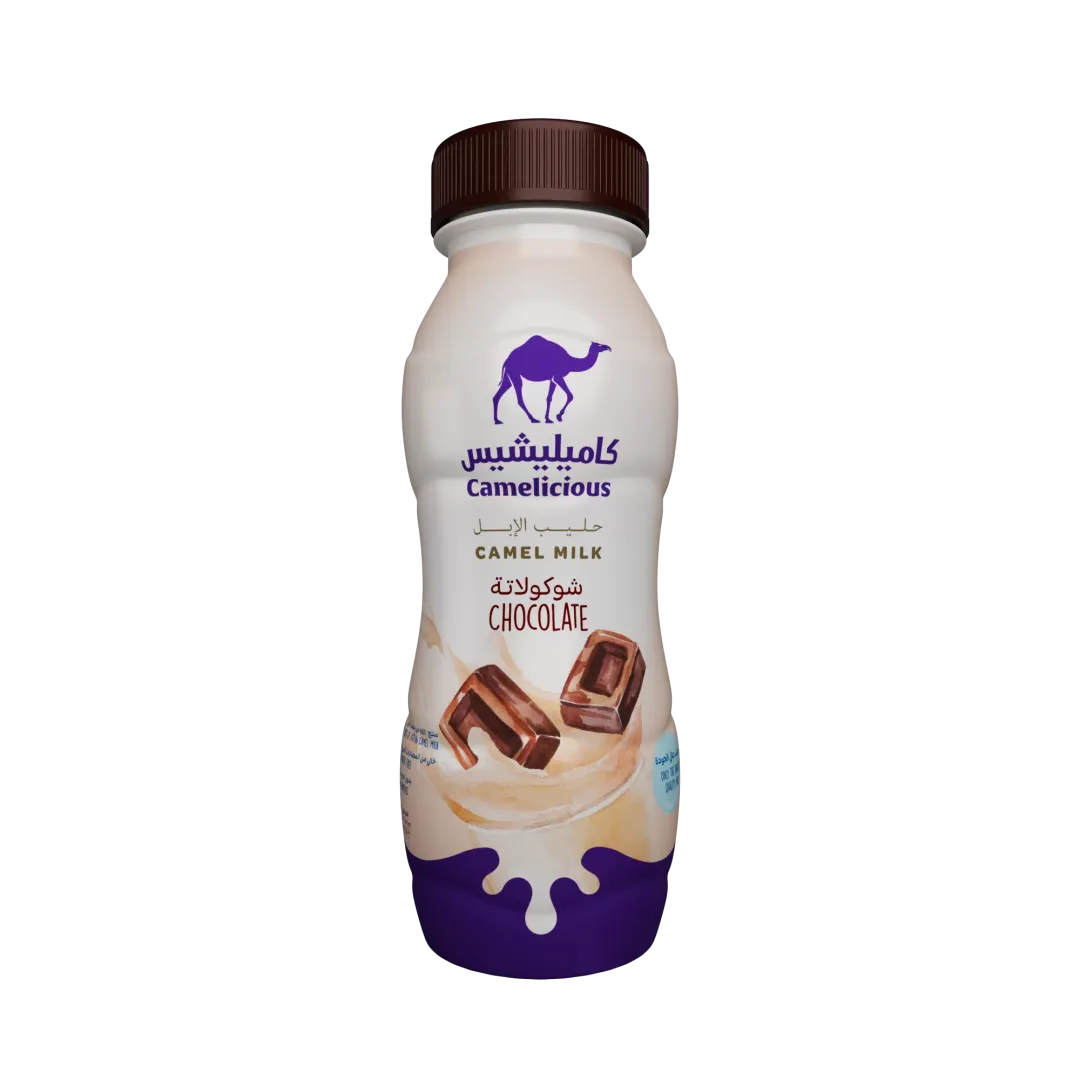 Camelicious Chocolate Flavoured Camel Milk 210ml bottle with brown cap and chocolate swirl design.