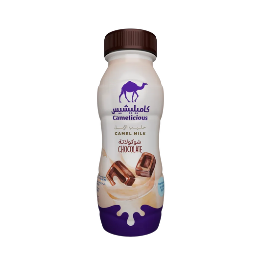 Camelicious Chocolate Flavoured Camel Milk 210ml bottle with brown cap and chocolate swirl design.