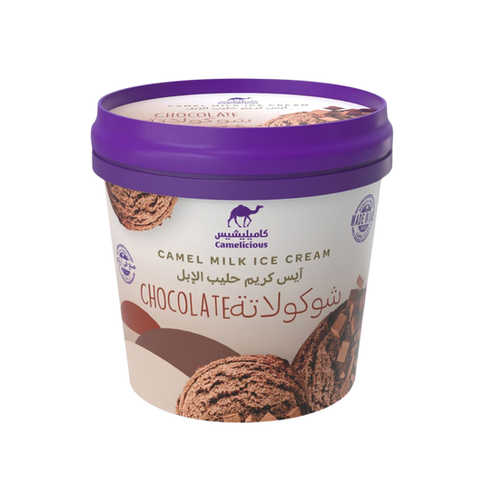 Camelicious Camel Milk Ice Cream in chocolate flavor, 125ml cup with creamy chocolate ice cream and chocolate pieces on the label.
