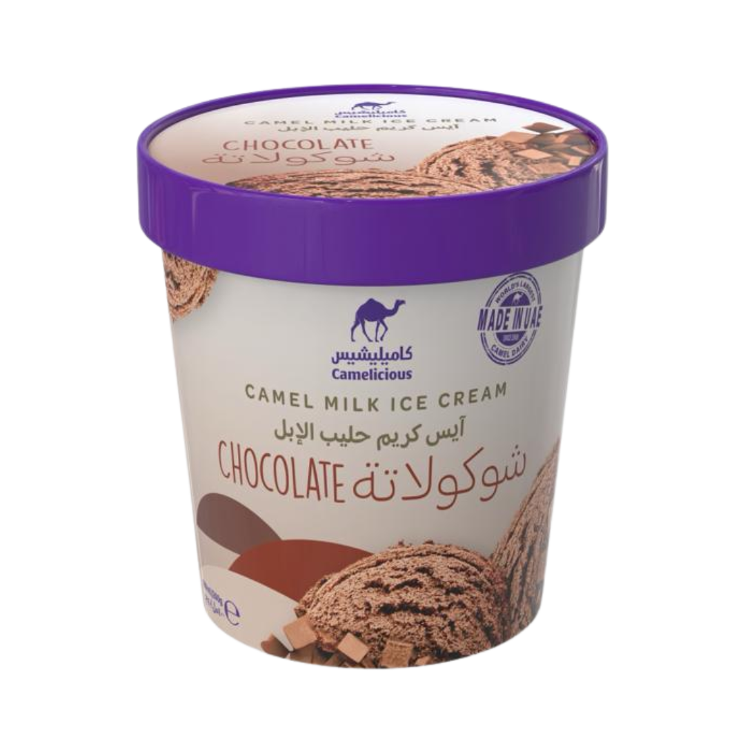 Camelicious Chocolate Camel Milk Ice Cream 400ml tub with a purple lid, showing a scoop of chocolate ice cream and chocolate pieces on the packaging.