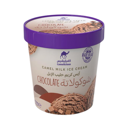 Camelicious Chocolate Camel Milk Ice Cream 400ml tub with a purple lid, showing a scoop of chocolate ice cream and chocolate pieces on the packaging.