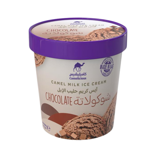 Camelicious Chocolate Camel Milk Ice Cream 400ml tub with a purple lid, showing a scoop of chocolate ice cream and chocolate pieces on the packaging.