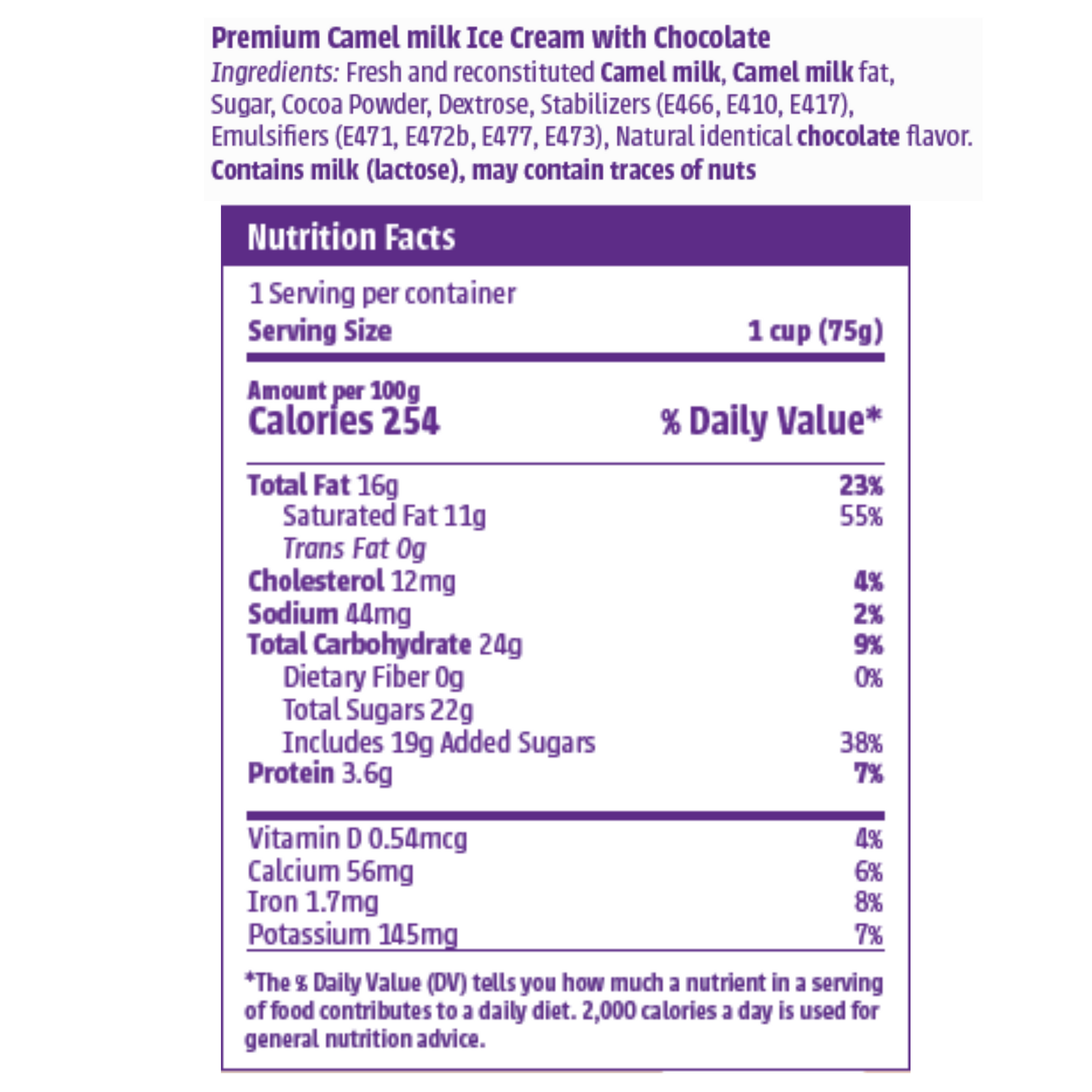 Nutrition facts label and ingredients list for Camelicious Chocolate Camel Milk Ice Cream showing calories, fat, protein, and other nutritional details per 100g serving.