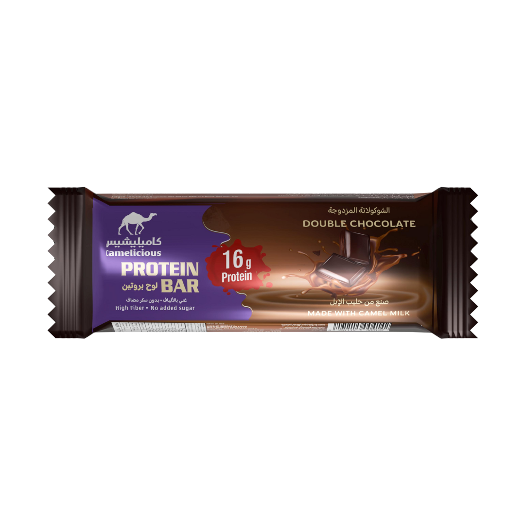 Camelicious Double Chocolate Protein Bar 60g made with camel milk, featuring 16g protein, high fiber, and no added sugar.
