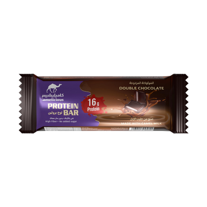 Camelicious Double Chocolate Protein Bar 60g made with camel milk, featuring 16g protein, high fiber, and no added sugar.