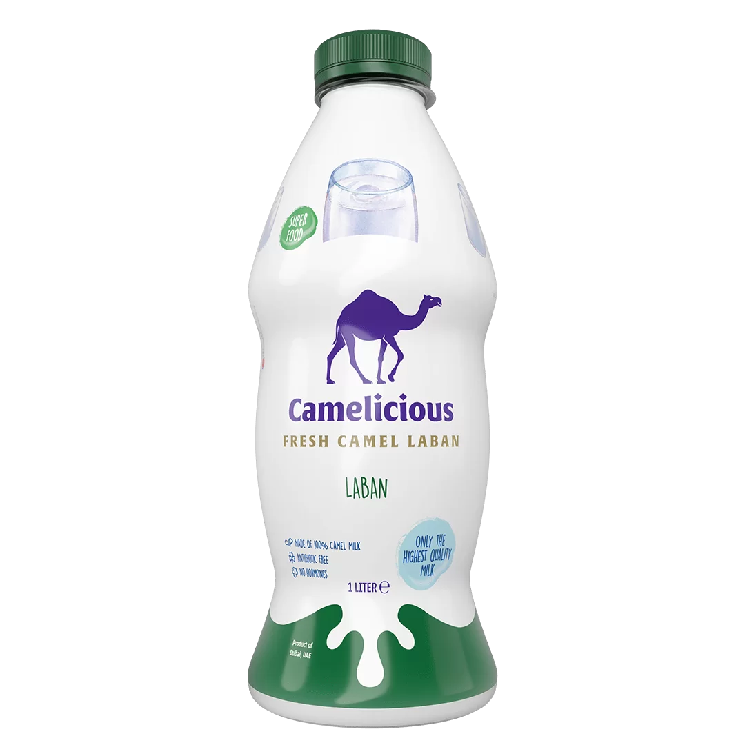 Camelicious Fresh Camel Laban 1-liter bottle with green cap and base, labeled as made from 100% camel milk and lactose-free.