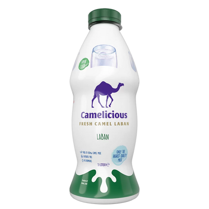 Camelicious Fresh Camel Laban 1-liter bottle with green cap and base, labeled as made from 100% camel milk and lactose-free.