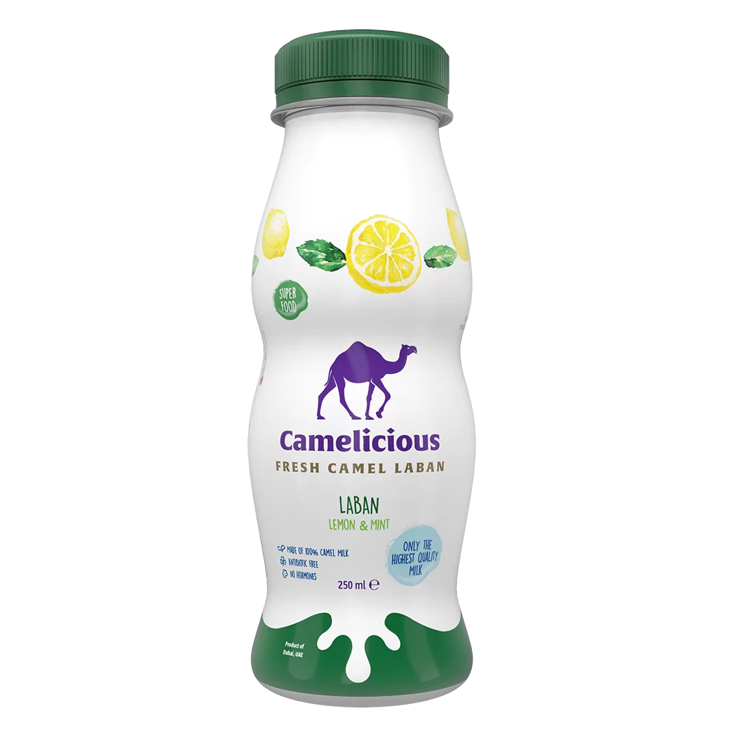 Camelicious Fresh Camel Laban Lemon & Mint flavor 250ml bottle with green cap, lemon and mint leaf design, and label highlighting 100% camel milk and high-quality ingredients.