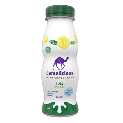 Camelicious Fresh Camel Laban Lemon & Mint flavor 250ml bottle with green cap, lemon and mint leaf design, and label highlighting 100% camel milk and high-quality ingredients.