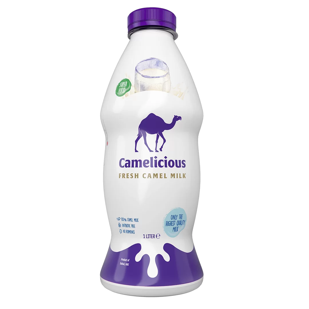 Camelicious Fresh Camel Milk 1 Litre bottle with purple cap and white packaging featuring the Camelicious logo.