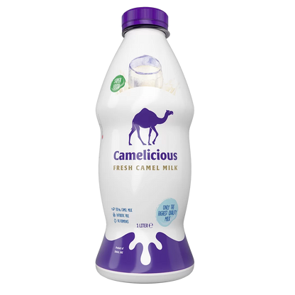 Camelicious Fresh Camel Milk 1 Litre bottle with purple cap and white packaging featuring the Camelicious logo.