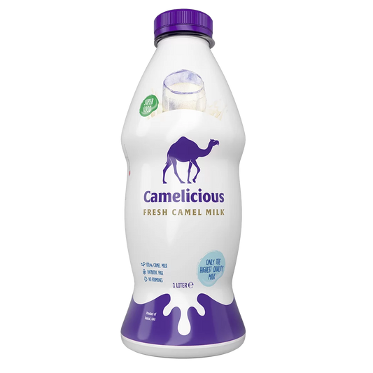 Camelicious Fresh Camel Milk 1 Litre bottle with purple cap and white packaging featuring the Camelicious logo.