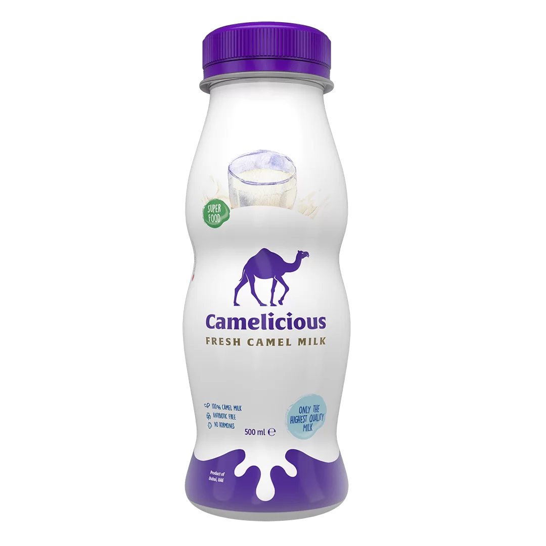 Camelicious Fresh Camel Milk 500ml bottle with purple cap, featuring a camel logo and “Super Food” label, showcasing premium fresh camel milk from the UAE.