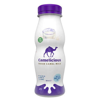 Camelicious Fresh Camel Milk 500ml bottle with purple cap, featuring a camel logo and “Super Food” label, showcasing premium fresh camel milk from the UAE.