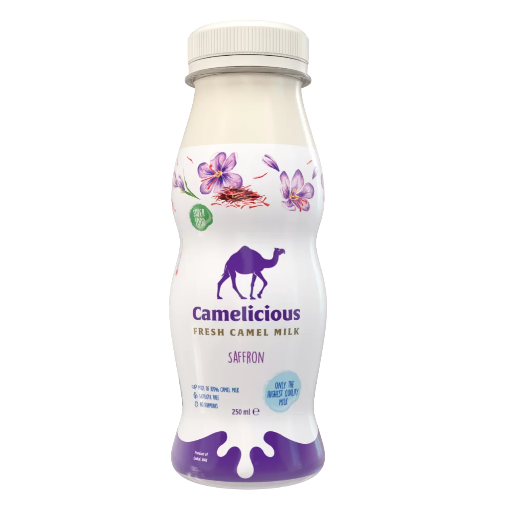 Bottle of Camelicious Fresh Camel Milk Saffron flavor, 250ml, featuring saffron flower illustrations and the brand’s purple camel logo on a white background.