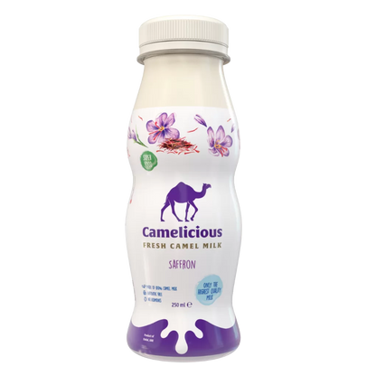 Bottle of Camelicious Fresh Camel Milk Saffron flavor, 250ml, featuring saffron flower illustrations and the brand’s purple camel logo on a white background.